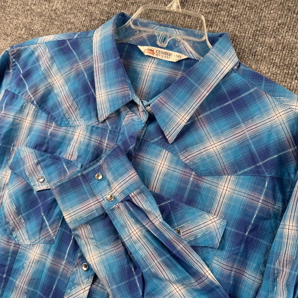 Cumberland Outfitters Blue Plaid Western Snap Shirt Silver Sparkle Women 3X Plus